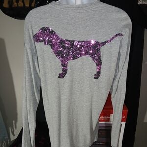 PINK VS HTF Gray Long Sleeve With Pink Bling Dog On Back